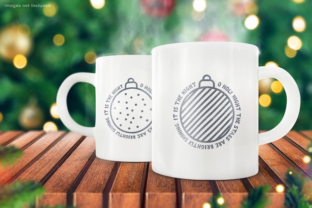 Christmas mug mockup of two blank white coffee cups on holiday background