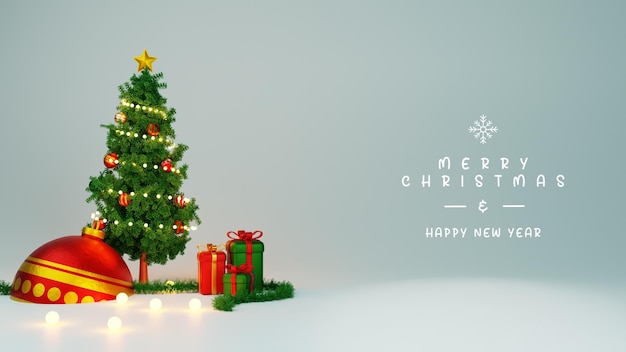 Christmas and new year background 3d render pine tree gift box xmas ball greeting card banner poster