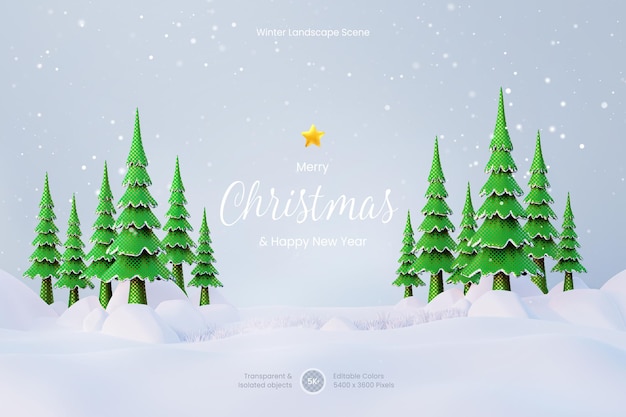 Christmas and new year background template with cute pine trees on a snowy winter landscape