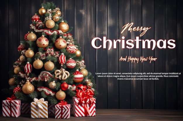 PSD christmas and new year background xmas pine fir lush tree candy cane from cookies golden gifts bo