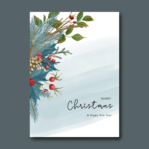 шаблон рождественской и новогодней открытки с акварельными рождественскими синими листьями