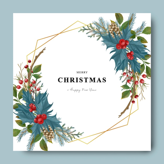 Christmas and new year card with watercolor christmas leaf frame