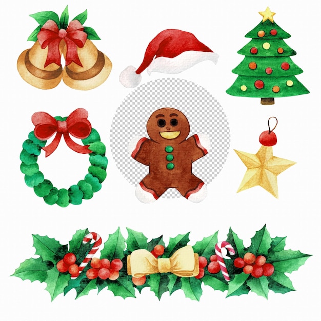 Christmas new year decoration watercolor icon set