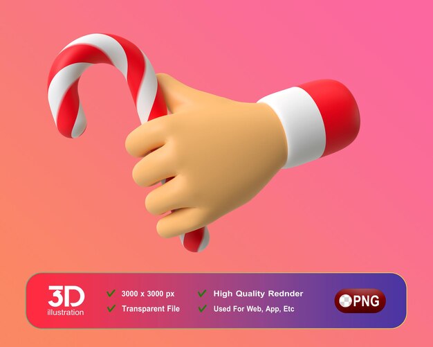 PSD クリスマス・ニューイヤー・デコレーション 3d ハンド・ウィズ・ア・キャンディ・スティック png