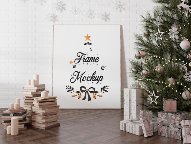 PSD christmas new year  frame mockup with christmas decorations fireplace premium psd