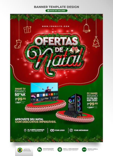 Banner di offerte di natale in brasile nel modello di rendering 3d in portoghese per la composizione di marketing