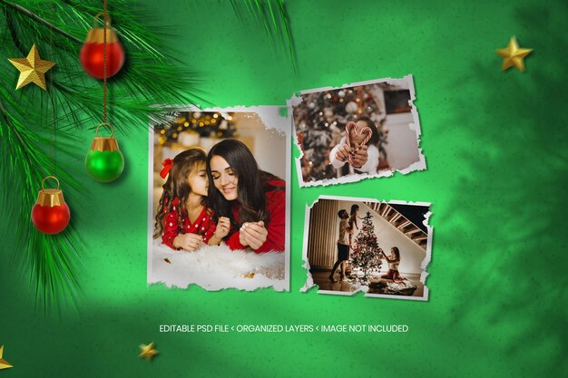 찢어진 종이와 그림자 오버레이가 있는 크리스마스 종이 사진 프레임 모형