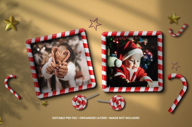 Mockup di cornice per foto di carta natalizia con carta strappata e sovrapposizione di ombre