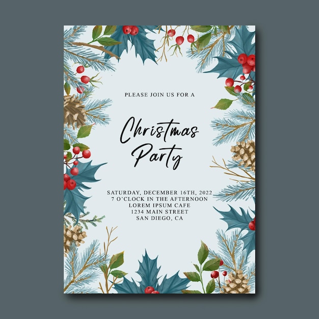 christmas party invitation card template with watercolor christmas leaves