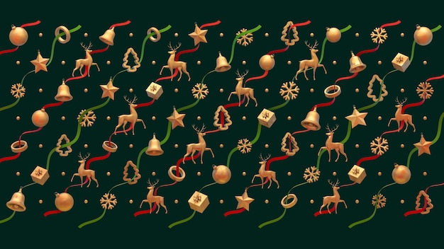 PSD christmas pattern with golden 3d icons and ribbons isolated pattern on a dark green background
