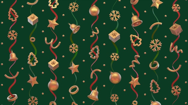 PSD christmas pattern with golden 3d icons and ribbons isolated pattern on a green background