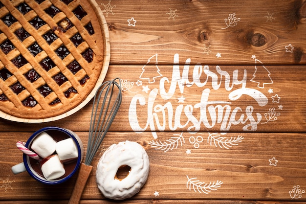 Christmas pie and hot chocolate with copy space