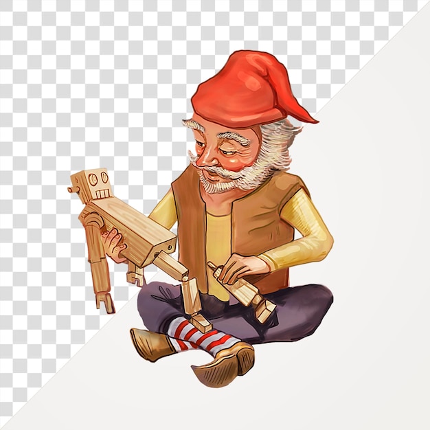 Christmas png sticker elf making wooden robot toy hand drawn design