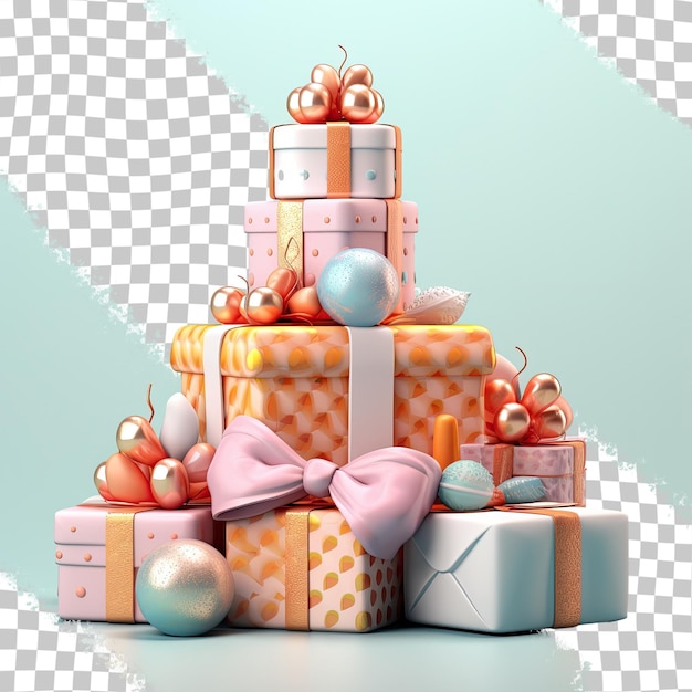 Christmas presents in a pile on a transparent background