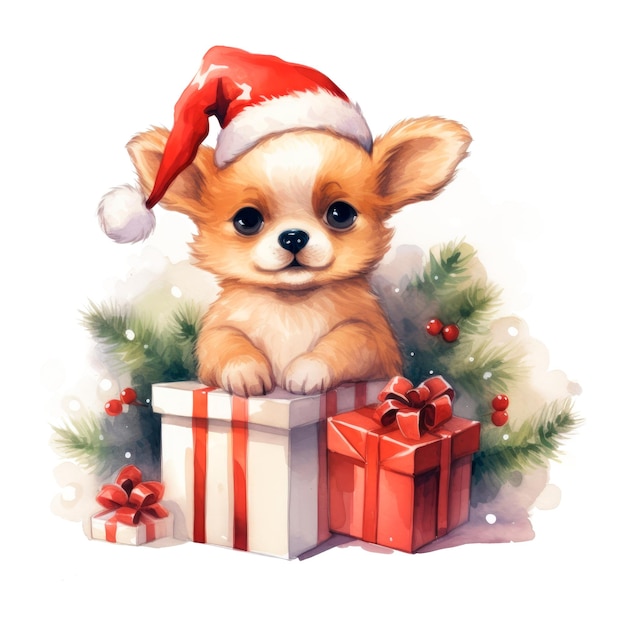 PSD クリスマスの子犬の水彩イラスト 可愛い犬とギフトボックス サンタの帽子
