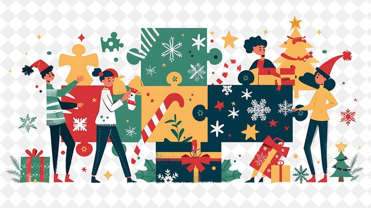 PSD christmas puzzle challenge with characters solving holiday t illustration christmas art design