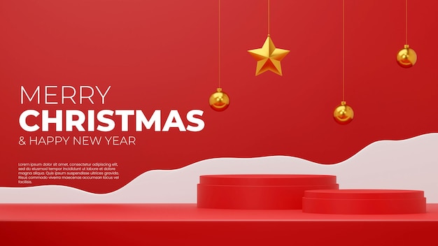 Podio del cilindro rosso natalizio nel modello di mockup di rendering dell'immagine 3d con stella, palla e neve del paesaggio