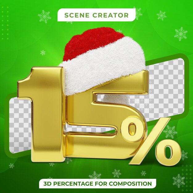 クリスマスセール15％割引3dゴールデンテキストとサンタハット3dレンダリング