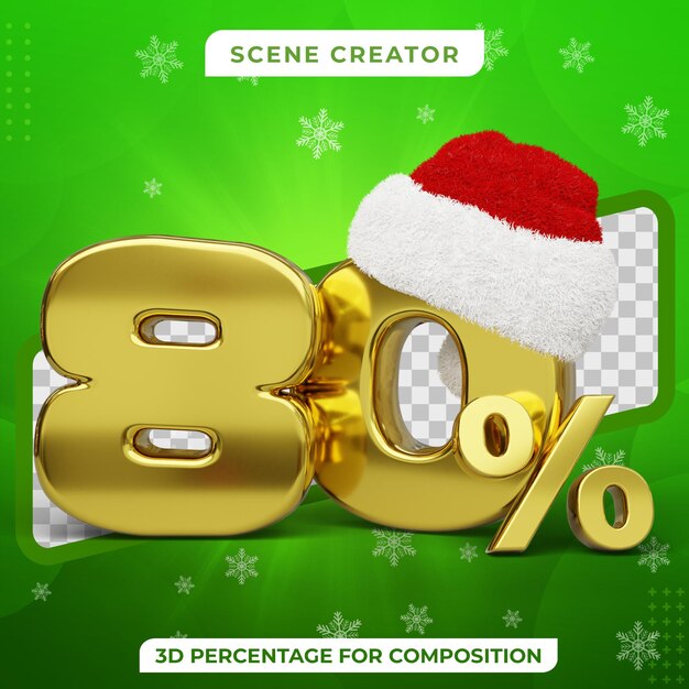 Vendita di natale 80 percento di sconto 3d golden text con santa hat 3d render