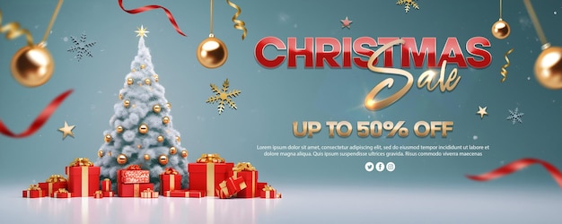 PSD christmas sale banner template with gift boxes and christmas trees