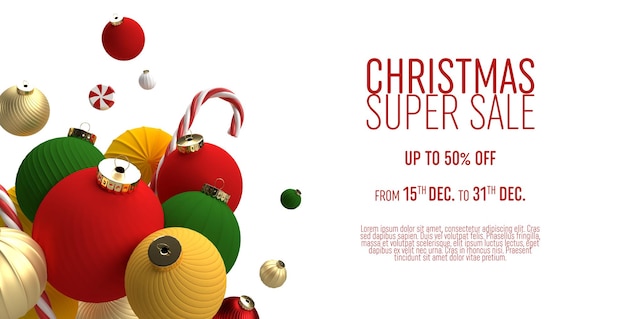 PSD christmas sale banner with toys and balls