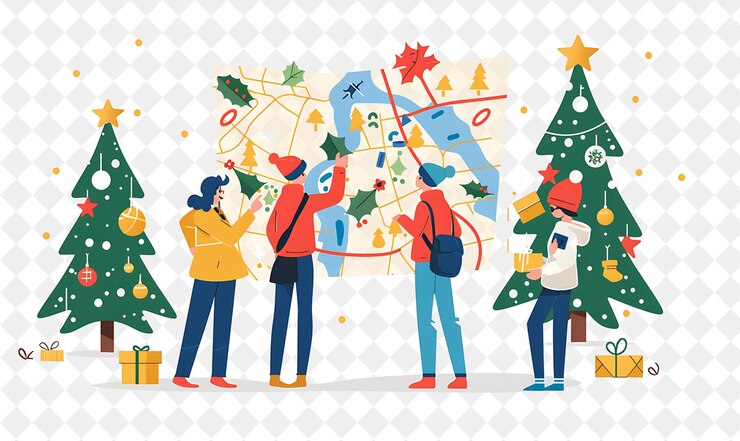 PSD christmas scavenger hunt with characters searching for clues illustration christmas art design