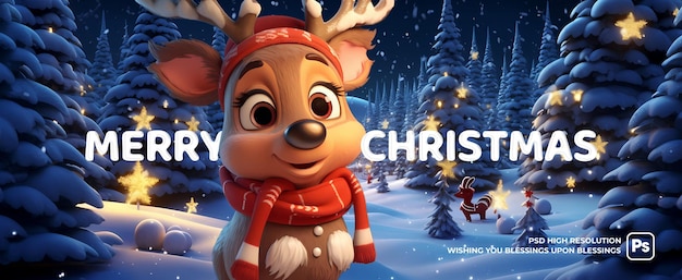 PSD christmas scene banner with lovely reindeer