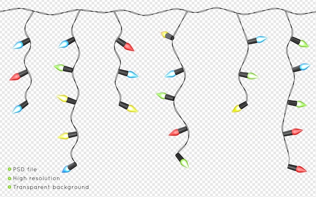 PSD ghirlanda elettrica di natale senza cuciture con lampadine colorate brillanti su uno sfondo trasparente 3d render