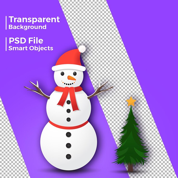 PSD christmas snowman and christmas tree with transparent background psd file