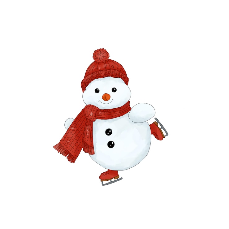 PSD christmas snowman in knitted red hat with pompom and long scarf skating watercolor illustration