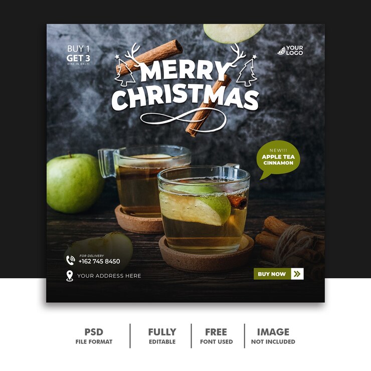 PSD ドリンクメニューのクリスマスソーシャルメディア投稿テンプレート