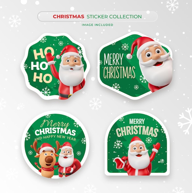 PSD christmas stickers with santa claus cartoon in 3d render