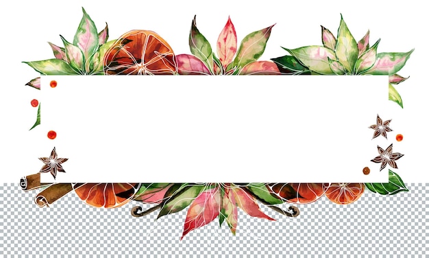 PSD christmas text space frame with watercolor poinsettia and oranges