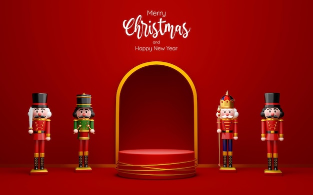 Christmas theme of geometric podium for product with nutcracker, 3d illustration