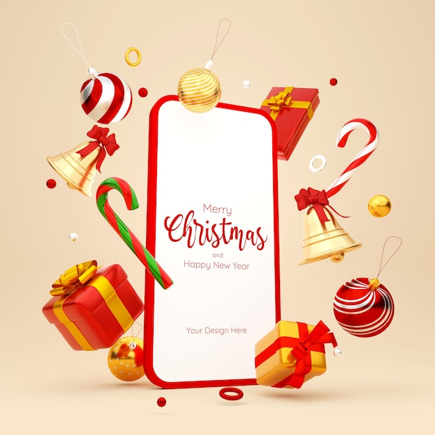 PSD christmas theme of smartphone with christmas ornaments, 3d illustration
