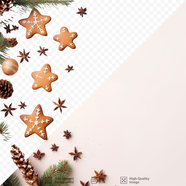PSD 透明な背景に常緑の枝松ぼっくりとクッキーを使ったクリスマスをテーマにしたアレンジメントお祭りの冬のシーンテキスト用のスペースのあるオーバーヘッドビュー