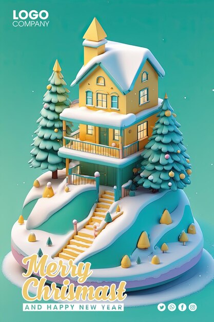 Christmas town merry christmas and happy new year 3d concept snowman houses stalls and fir trees