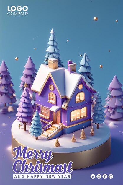 PSD christmas town merry christmas and happy new year 3d concept snowman houses stalls and fir trees