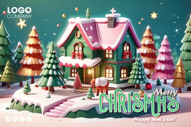 PSD christmas town merry christmas and happy new year 3d concept snowman houses stalls and fir trees