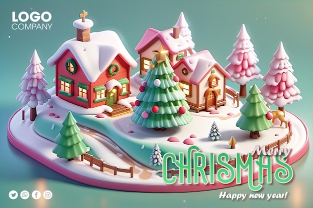 Christmas town merry christmas and happy new year 3d concept snowman houses stalls and fir trees