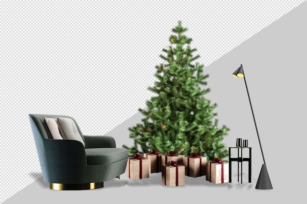 PSD Рождественская елка и кресло в 3d-рендеринге