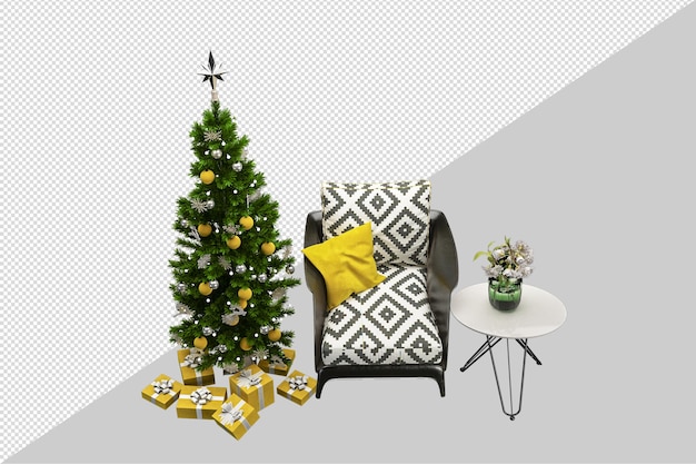 PSD 3dレンダリングのクリスマスツリーとアームチェア
