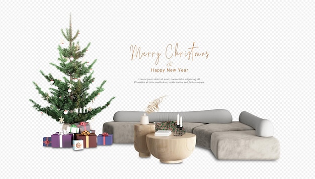Новогодняя елка и диван в 3d-рендеринге