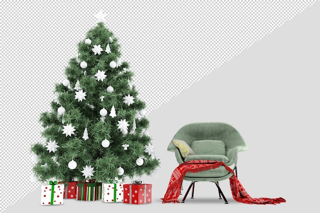 Albero di natale e poltrona in 3d rendering