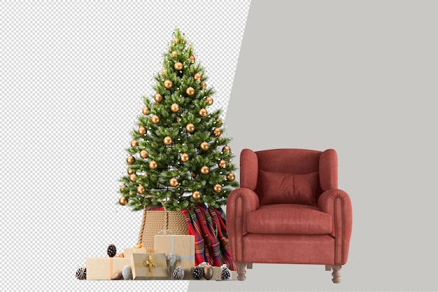 Albero di natale e poltrona in 3d rendering