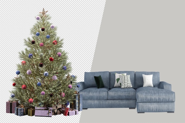 Albero di natale e poltrona in 3d rendering