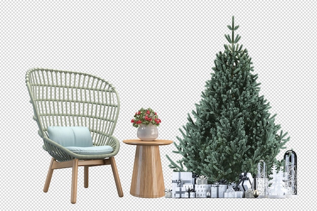 PSD christmas tree and armchair in 3d rendered