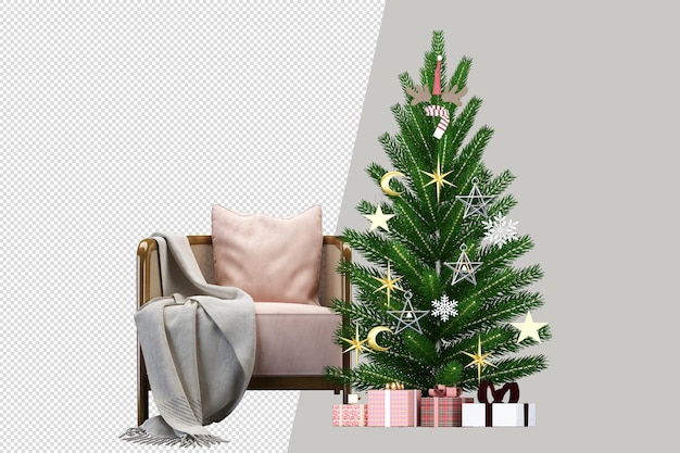 PSD christmas tree and armchair in 3d rendered