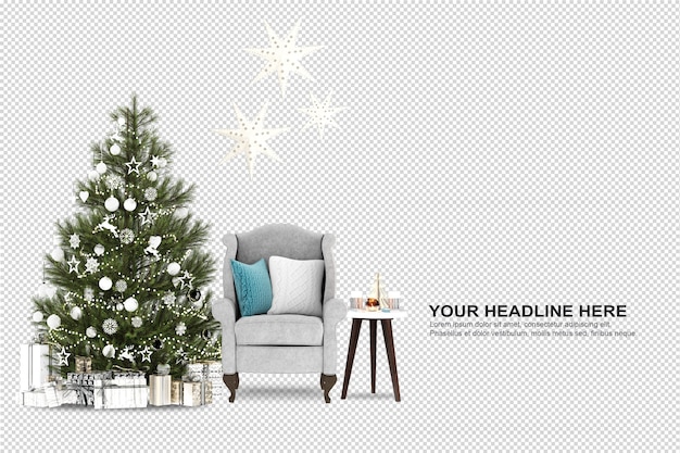 Christmas tree and armchair in 3d rendering