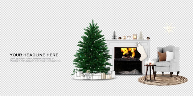 PSD christmas tree and armchair in 3d rendering